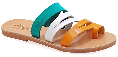 Emmanuela Sandalias de estilo griego antiguo, hechas a mano de piel con anillo de tiras, sandalias planas de calidad, zapatos de verano estilo boho chic, Multicolor 4, 40 EU