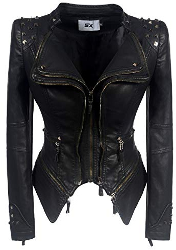 SX Women's Fashion Studded Perfectly Shaping Faux Leather Biker Jacket (XL, z-PU-Black)