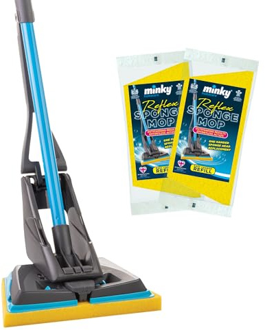 Minky Reflex Mop with 2 Refills, Super Absorbent & Long-Lasting Sponge, Deep Clean Sponge Mop for Floor Cleaning, Powerful Wringing Action, Durable & Long-Lasting