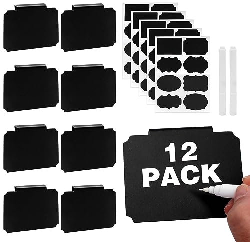 Towviy 12 Stück Clip Etikettenhalter + 2 Whiteboard Stifte + 5 Tafel Aufkleber, Abnehmbare Clips Etiketten Regal Etikettenhalter Labels Clip Halter für Küche Lagerung(Schwarz)