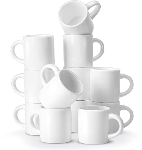 Roshtia 12 Pieces 3 oz Espresso Mugs Espresso Cups Mini Coffee Mugs with Handles Porcelain Coffee Cups Ceramic Smooth Demitasse for Tea Drinks Cocoa Milk Water (White)