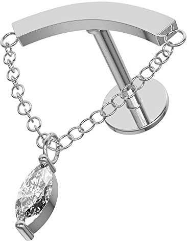 AZARIO LONDON Marquis Cz Gemstone Dangling on Chain Surgical Steel Labret-Cartilage-Tragus Earring/Helix Stud/Conch Piercing Stud- Surgical Steel Stud - 16 Gauge Labret