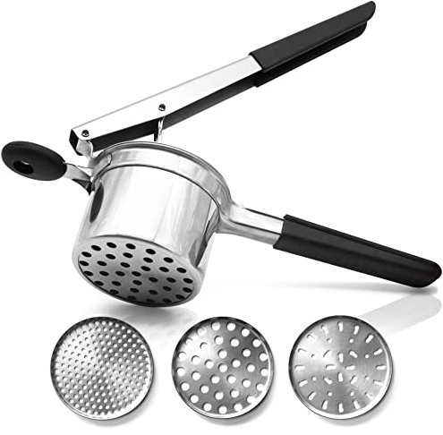 Andrew James Professional Potato Ricer, Stainless-Steel Heavy-Duty Potato Masher Perfect for Mashed Potatoes | Food Press, Baby Food Masher, with 3 Interchangeable Strainers for Coarse, Medium & Fine