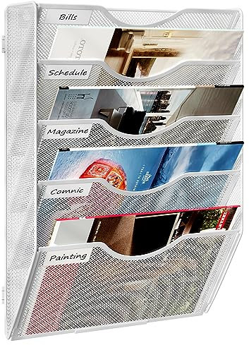 TQVAI 5-Tier Wall File Organiser, Wall Mail Holder, Wall Mounted Magazine Rack, Mesh A4 Paper Storage, Office Document Organiser, White