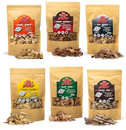 Chips Ahumado - Madera ahumada BBQ - 6 x 1 litro de Olivo, Naranja, Almendra, limón, Nuez y Roble