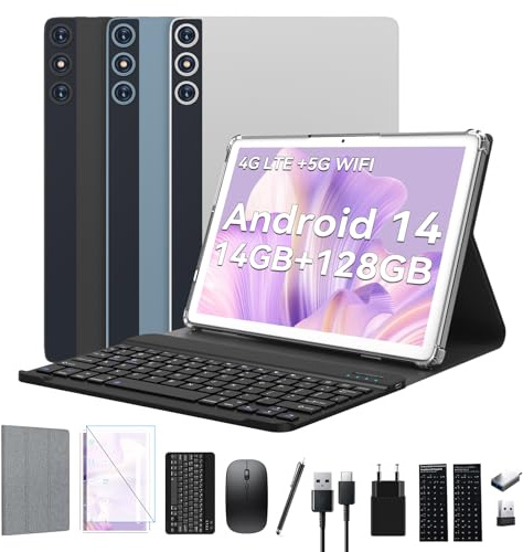 2026 Neueste Android 14 Tablet 10 Zoll, 4G LTE Tablets Mit 2 SIM 1 SD slot, 5G Wifi Tablett PC Mit 14GB+128GB(1TBTF), 3-in-1 Tablet Mit Tastatur Maus-Octa-core, 1080FHD,13+8MP,7000mAh,GPS/OTG-Silber