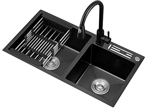 Spülbecken. Wasserhahn ausziehbarer Wasserhahn, Nano-Waschbecken, Doppelwaschbecken, Edelstahlspüle, großes Fassungsvermögen, Barspüle, Spüle mit Messerhalter (schwarz, 82 x 45 x 21 cm)