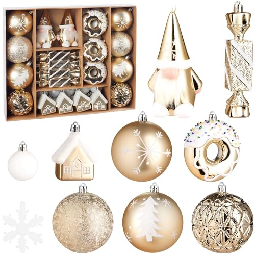 BRUBAKER 64 Stück Christbaumschmuck - Weihnachtskugel Set - Gold Weiß