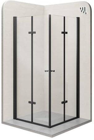 Mampara de Ducha Emma 85x85x190 cm | REVERSIBLE | Puertas plegables, Ajuste 83,5-85,5 x 83,5-85,5 cm | Perfiles negros, Cristal transparente de 6mm - Moments of Glass