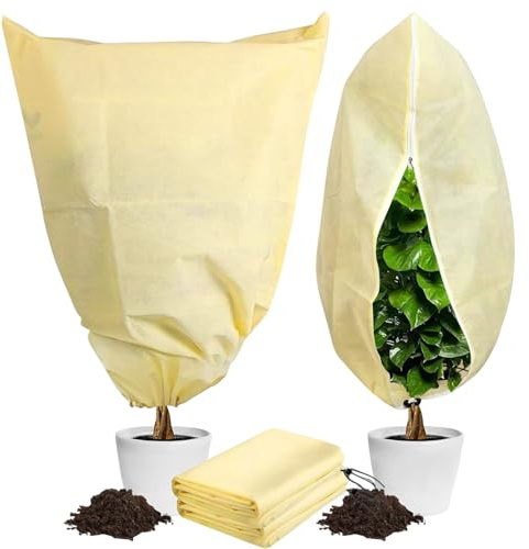 Plant Fleece Frost Protection 2 Packs, 80×100cm Large Garden Fleece Frost Protection with Zip Drawstring, Plant Cover for Potted Plant Winter Plant Protection, From Birds and Insects, Beige