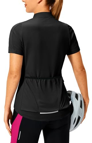Bikewa Women's Cycling Jersey Short Sleeve Bike Shirts Full Zipper Bicycle Biking Tops with Rear 3+1 Pockets Road Mountain Riding(Black,L)