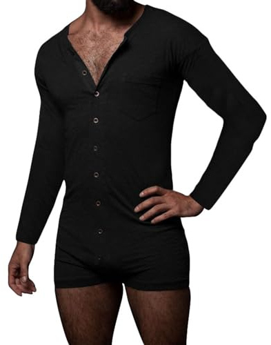 Generisch Mono de una pieza para hombre, body para adultos, pijama para hombre, ropa interior térmica monocolor, ropa interior elástica, ropa de dormir de manga larga, mono con botones, O negro., XL