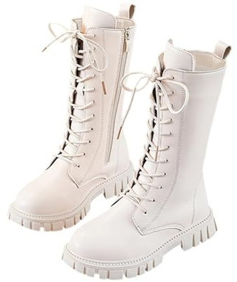 Girls Lace Up Riding Boots Mid Calf Combat Boots PU Leather Waterproof Fall Winter Side Zipper Punk Goth Boot Fashion Punk Non Slip Cowgirl Fleece Lined Solid Color 4-11 Years