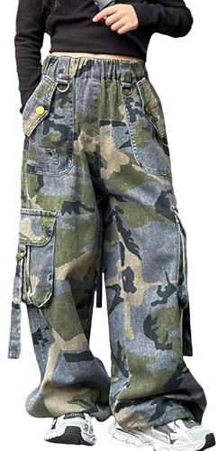 Happy Cherry Jeans Cargo Gamba Larga Ragazza Stile Streetwear Baggy Pantaloni in Denim a Vita Alta Elastica con Multi Tasche, Mimetico 11-12 Anni