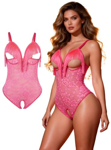 ohyeahlady Body Ouvert Dentelle Femme Chic Curvy Grande Taille XXL,Rose