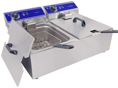 TAIMIKO Electric Deep Fryer - Commercial Stainless Steel Tank with Lid For Home and Commercial Use, Countertop Kitchen Fat Fryer Frying Machine for French Fries,UK Plug (Double Tanks, 6L + 6L)