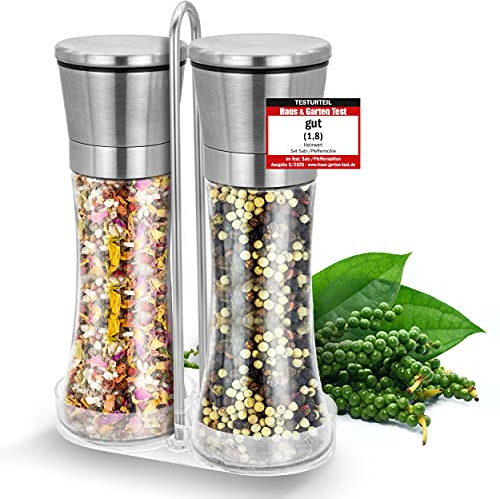 HEIMWERT Salz und Pfeffermühle Set - Geschmacksexplosion durch Spezial Mahlwerk - Salzmühle Gewürzmühle Pfeffermühle mit Keramikmahlwerk und Edelstahl Menage Salt Pepper Grinder Mill Mühle