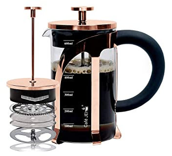 Machine à café et thé noir 600 ml avec système de filtration à 4 niveaux en verre, cuillère à mesurer et outil de nettoyage (Or rose, 600 ml)