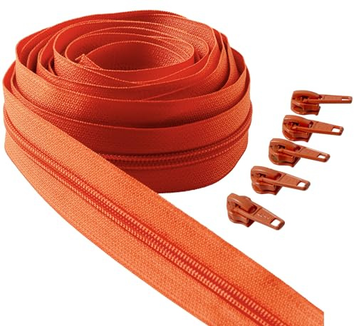 IPEA Fermeture éclair Orange Chaîne Continue de 5 Mètres + 15 Curseurs en Métal – Chaîne Mesure #5 – Made in Italy – Charnières en Nylon – Zip – Découpe pour Couture au Metre – Largeur 30 mm