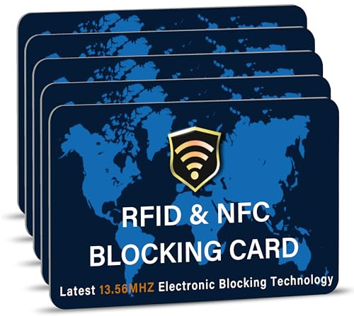 SAITECH IT RFID Blocking Card, 5 Pack RFID Blocker Card for NFC Contactless Debit/Credit Card ATM Passport Protector Ideal for Men Women with World Map Design Perfectly Fit in Wallet, Purse - Blue