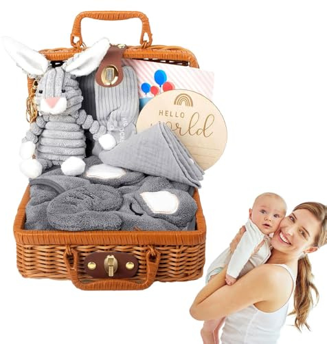 ZOYDP Canastilla Bebe Recien Nacido, 7-In-1 Regalo Bebe Recien Nacido Niño, Set de Regalo para Bebé Recién Nacido, con Tela Triangular para Bebé, Peluches, Toalla de Baño, Calcetines, Gris