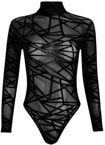 Odizli Mesh Oberteil Damen Sexy Elegant Rollkragen Langarm Durchsichtiges Transparentes Spitze Netz Body Spitzenbody Netzoberteil Netzshirt Frauen Festival Party Rave Techno Outfit Schwarz Schwarz XL