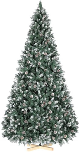 Clevich Árbol de Navidad Artificial 210cm, Pino de Navidad con Efecto Nieve y Piñas, Árboles Decoración Navideña con Soporte de Madera, Agujas de Pino Pretratadas Realistas, Fácil Montaje
