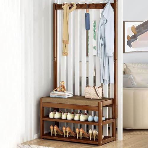 Bamboo Freestanding Hall Tree Coat and Shoe Storage Bench with 9 Hooks Large Capacity 3 in 1 Multipurpose Hallway Storage Unit for Living Room Bedroom