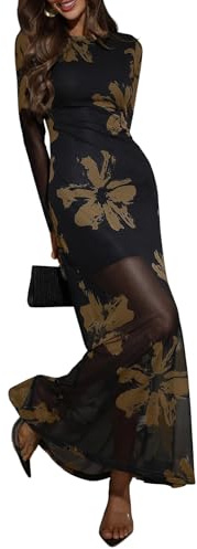 Verdusa Women's Floral Mesh Maxi Dresses Elegant Formal Long Sleeve Spring Wedding Guest Dress Cocktail Black Small