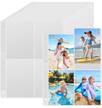 30 Fogli A4 Ricariche per Album Foto 11 Fori – 240 Tasche (10x15 cm) Trasparenti Doppia Faccia – Pagine a 4 Scomparti per Raccoglitori A4 2/3/4 Anelli, Cartoline e Carte