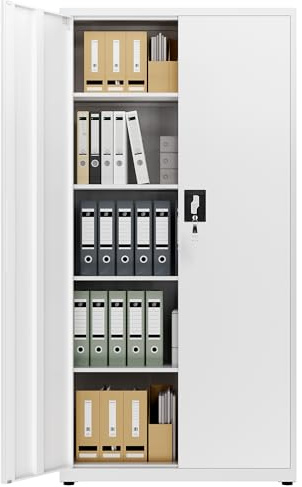 LAND·VOI Armadio in Acciaio 5 Ripiani con Serratura Ripiani Regolabili Ante a Doppia Porta Armadio per Ufficio Mobile in Metallo per Ufficio Garage Cucina Officina 80×40×181.5 cm Bianco