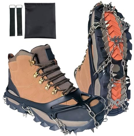 28 Spikes Crampons for Shoes, Ice Cleats Traction Snow Grips for Men Women, Stainless Steel Anti Slip Spikes with Adjustable Straps for Hiking Walking Climbing Fishing Outdoor(X-Large)