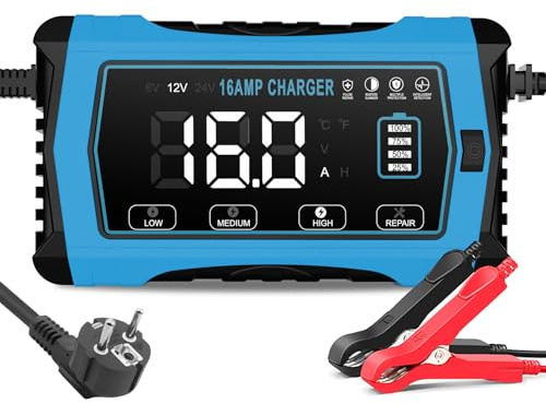 Haisito Cargador de batería para automóvil de 16 A, 12 V16 A/24 V10 A, batería de litio LiFePO4, plomo ácido (AGM, SLA, etc.) con función de carga de 10 niveles, pantalla LCD para automóvil