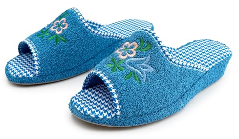 JOMIX Chaussons Éponge Ouverte Femme Maison Été Talon Compensé Semelle Liège Confortables avec Broderie pour Dame Souple Légères