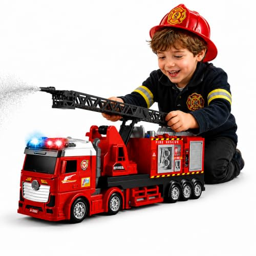 Toyana Fire Engine Toy - Large Friction Powered Fire Truck with Extendable Ladder, Real Water Spray, Flashing Lights & Siren Sounds, Rescue Vehicle Gift for Boys & Girls