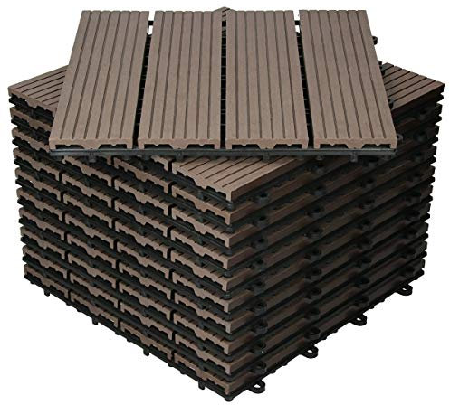 ECD Germany Dalles Terrasse Clipsables WPC 30x30 cm/11 pièces=1m² Marron Foncé Strié Aspect Bois Carreaux avec Système à Clic et Drainage Revêtement de Sol Carrelage Lames Patio Jardin Extérieur
