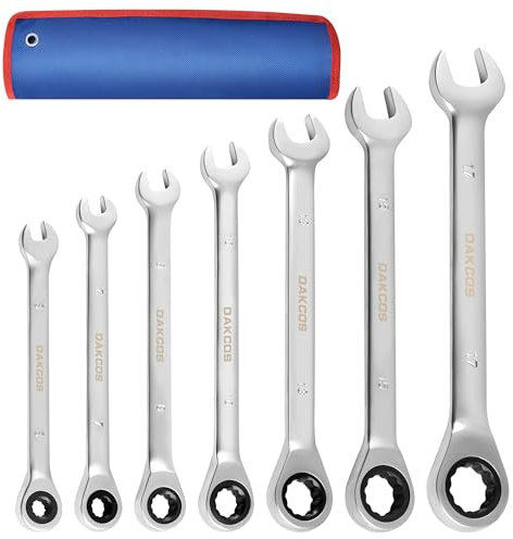 DAKCOS Juego de 7 Llaves Fijas con Carraca Llaves Combinadas de trinquete 6-17mm, Cr-V