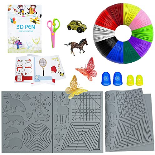 CHZIMADE 3D Druck Stift Zeichenwerkzeug Silikon Matte Schablone, 3D Stift Vorlage, 3D Stift Filament PLA, mit 4 Finger Protektoren und Schere, 3D Druck Stift Zubehör für Kinder und Anfänger