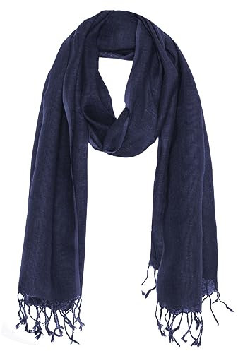Bovari Leinen Schal für Damen und Herren aus 100% Leinen - leicht und atmungsaktiv – Sommerschal – Fransen-Schal (Dunkel-Blau)