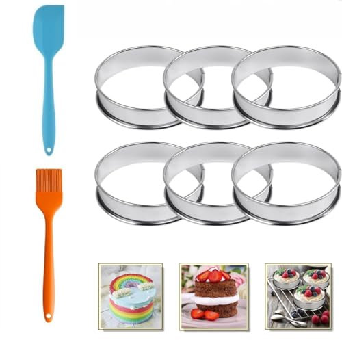 JSQJ Backringe Muffinringe 6 Stück Tortenring Rund 304 Edelstahl Dessertringe Crumpet Rings Form für Backen Küche Mousse Muffins, mit Ölpinsel und Spateln (10 cm)