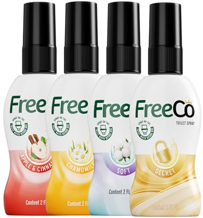 Freeco Spray WC Pre-Uso | Bloquea el Olor Antes de que Empiece con Aceites Esenciales | Hogar, Oficina y Viajes | Pack Variado 4x60ml: Manzanilla, Manzana y Canela, Secreto, Suave