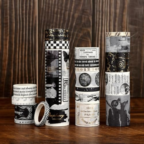 NOGAMOGA Washi Tape Set, 20 Rollen Schwarz-weißes Washi-Tape, Scrapbooking Zubehör, Breit Bastelband mit goldenen Akzenten, Washi Tapes für Journaling Fotoalbums Basteln Geschenkverpackungen