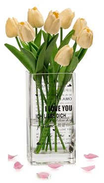 Glasseam Deko Vase Glas Glasvase Eckig Liebe Dich Geschenke für Frauen Blumenvase Satz von 1 Modern Glasvasen für Tischdeko Tulpen Blumen Vasen Hochzeit Tulpenvase Blumenvasen Mama Geschenke