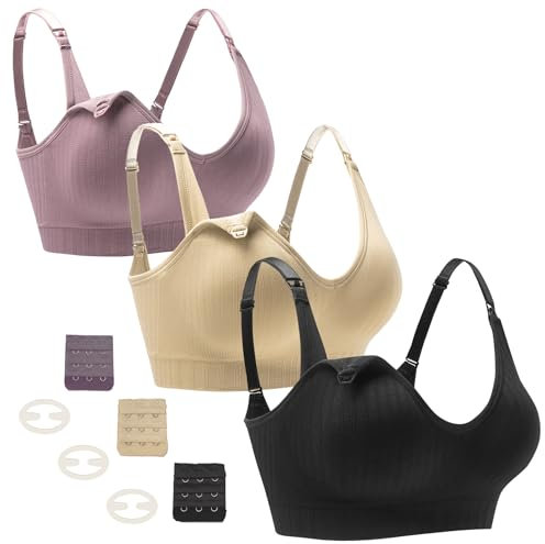 Seitop Confezione da 3 reggiseni per allattamento al seno con scollo a V reggiseno premaman senza cuciture senza cuciture bralette da donna con estensori extra, Nero/Nude/Viola, S