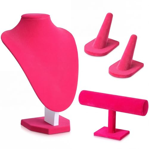 Wenqik 4 Pcs Velvet Jewelry Display Set Necklace Bust Holder, Rose Red