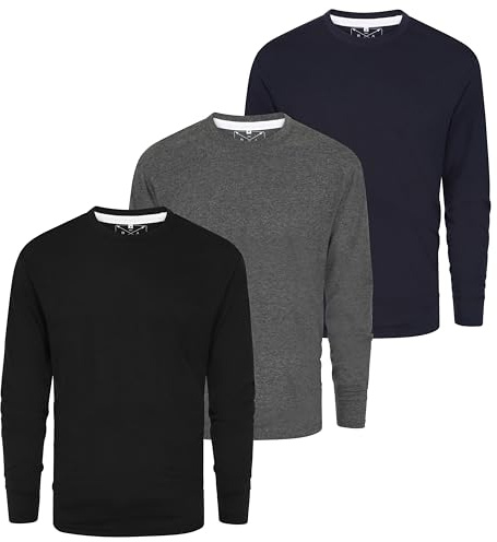 Mens Long Sleeve Crew Neck T-Shirt 3 Pack Multipack LS Tshirts for Men Workwear Casual Wear (UK, Alpha, XL, Regular, Regular, Black/Charcoal/Navy)