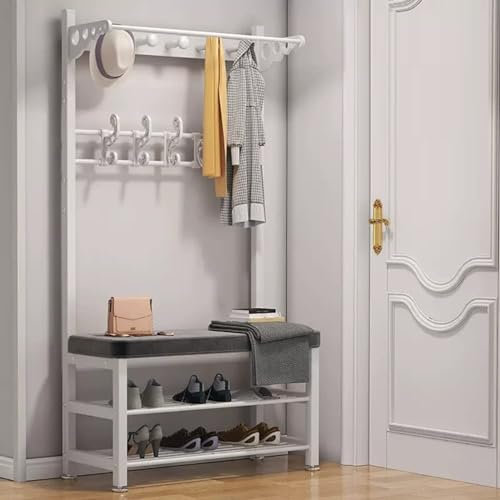 Hall Tree Garderobenständer Schuhbank – freistehendes Diele, Aufbewahrungsregal mit 8 Haken, Metallrahmen, Kleiderbügel für Schlafzimmer und Flur