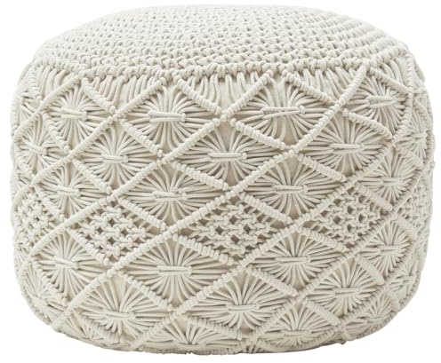 Ornavo Home Pouf Ottoman Foot Rest - 100% Cotton Pouffe - Hand Knitted Macrame Braid - Boho Round Stuffed Ottoman for Living Room, Bedroom - Natural