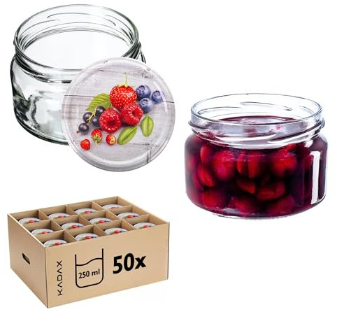 KADAX Lot de 50 bocaux de conservation de 250 ml avec couvercle à visser de 82 mm de diamètre, bocaux à dessert, pots à confiture, hermétiques et passent au lave-vaisselle, en verre épais, framboises