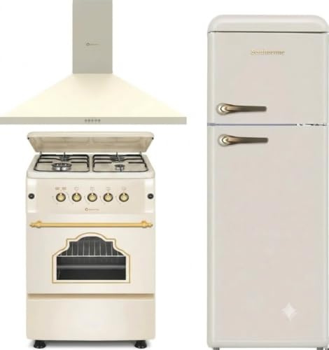 SOLTHERMIC PACK 3 EN 1 CREMA RÚSTICO COCINA GAS F5S40G2 4 JUEGOS HORNO AMPLIO + CAMPANA DECORATIVA 60 CM Y FRIGORIFICO 2P F2PR147C 1,47 x 55 gran capacidad de HASTA 220L y bajo consumo